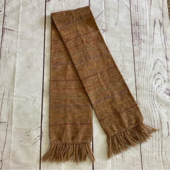 Vintage USA Union Made Scarf Wool? Blend Fringe Brown Striped 8X60” Winter - Picture 2 of 6